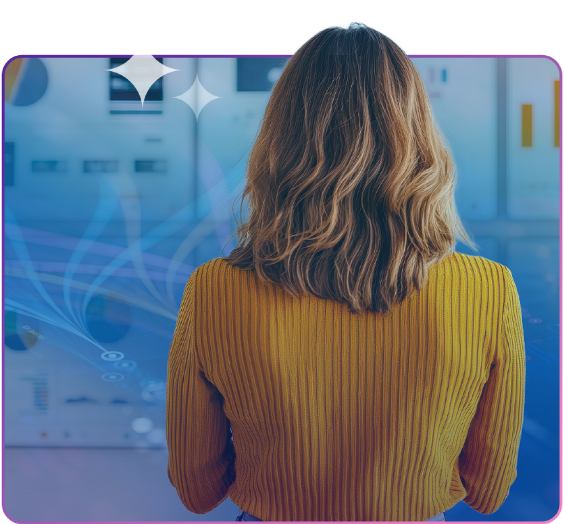 young woman employee looking at charts and graphs with ai elements