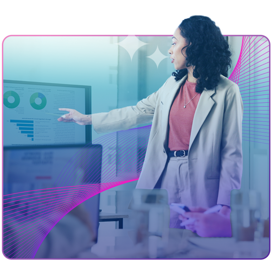 woman discussing sales while pointing at screen