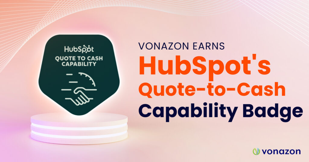 HubSpot Quote-to-Cash Capability Badge displayed on a pedestal beside